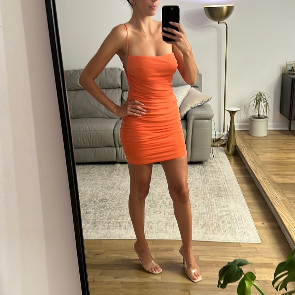 Selfie Leslie Square Neckline Rouched Mini Dress Orange